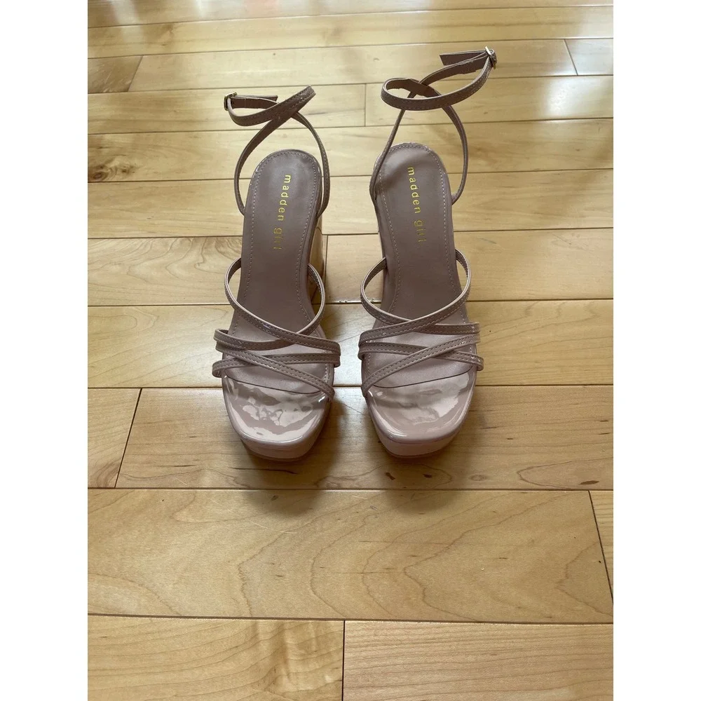 Madden Girl Nude Pink Patent Strappy Platform Wedge Sandals Ankle Strp Heel  7.5